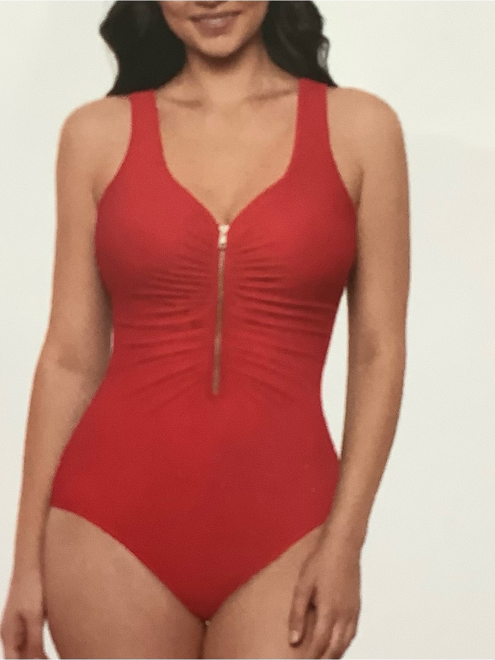 Miradonna by Miraclesuit Red Zip-Front Ruched One-Piece Swimsuit Brand New
